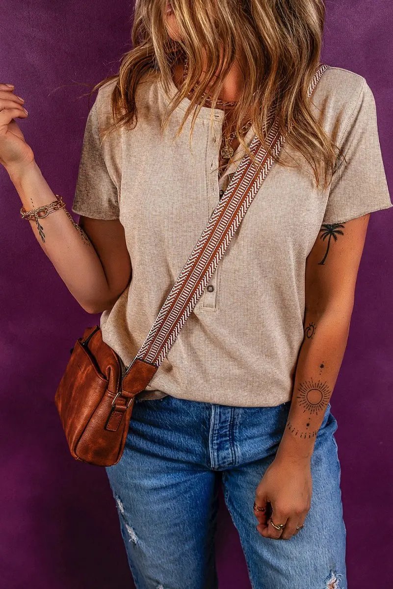 Oatmeal Short Sleeve Half Button Ribbed Knit Top for Women - Love Salve